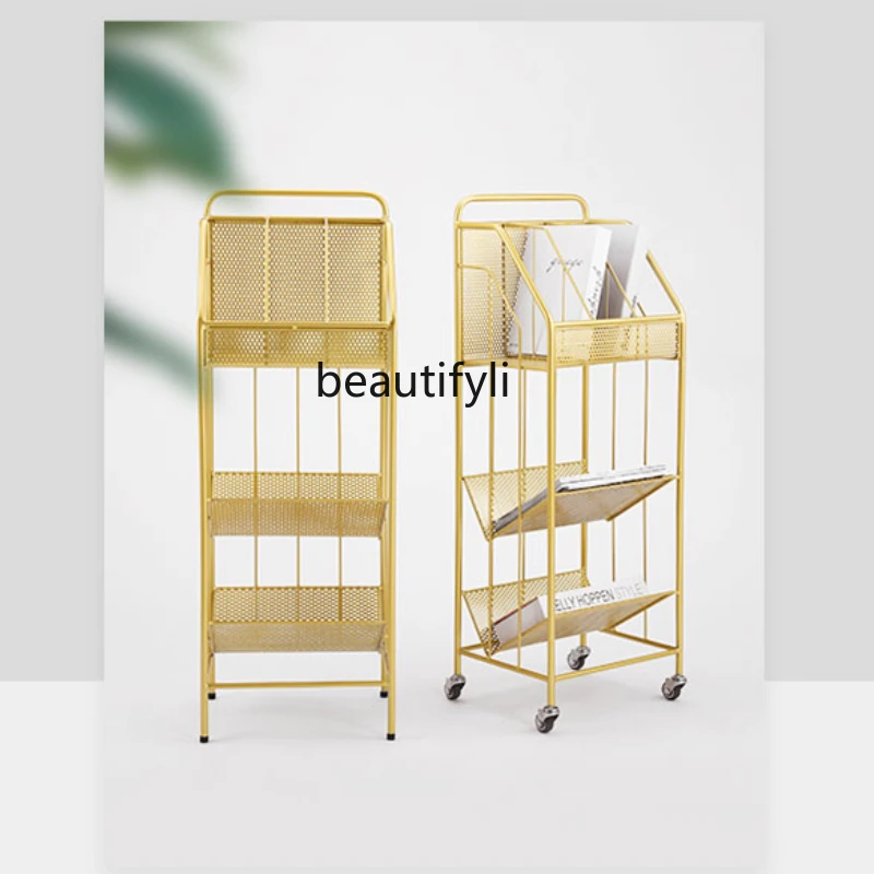 

yj Wrought Iron Mobile Magazine Rack Document Rack the Newspaper Stand Books Book Shelf Multi-Layer Leaflet Display Stand