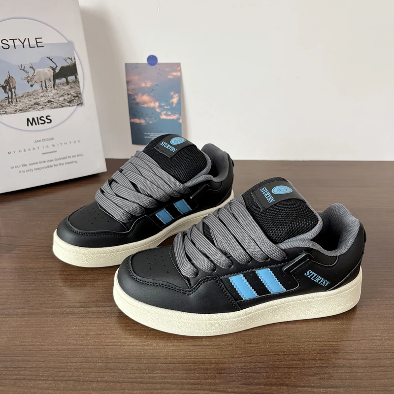 Hong Kong Sle Retro Dark Black Thick Bottom Bread Shoes Men's Ins Low Top Versatile Casual Couple Sneakers Women 2024 New