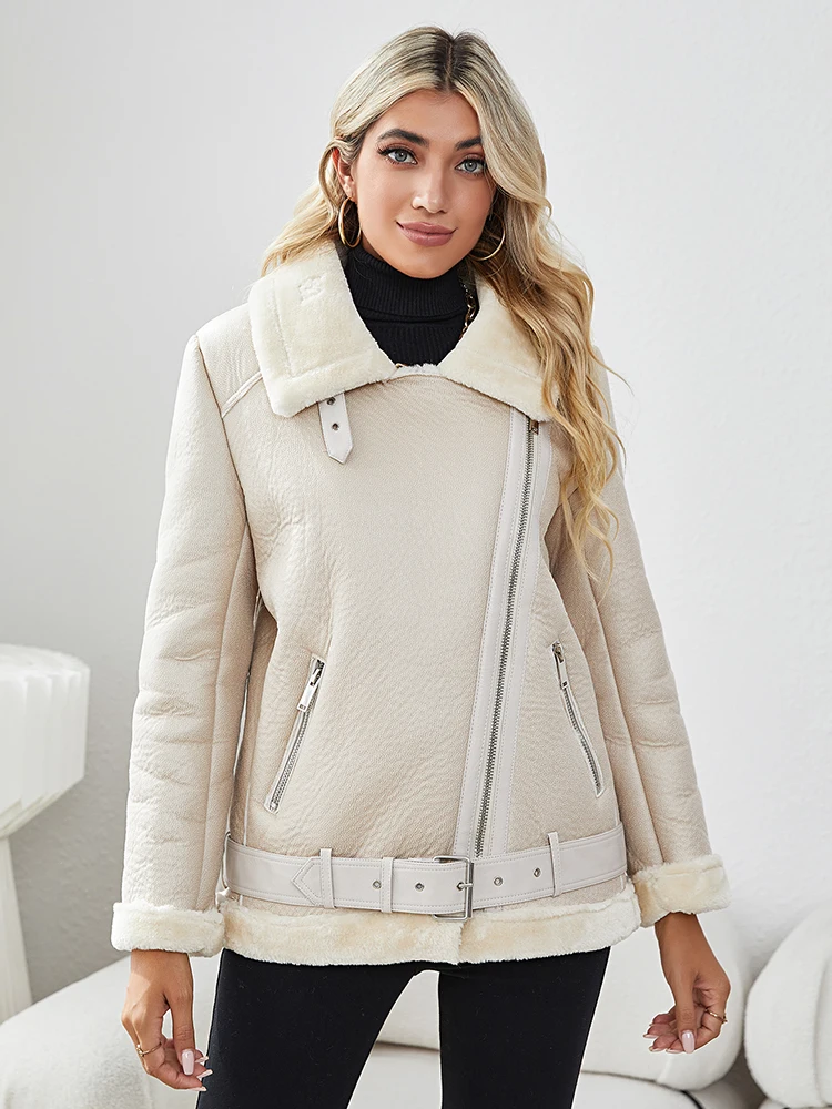 Streetwear Autumn Winter Women With Belt Warm Faux Fur Sheepskin Coat Thick Moto Biker Female Zipper Loose Jacket Outwear