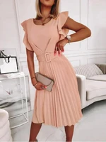 lady midi pleated dresses 2022 summer elegant o neck butterfly sleeve sashes a line dresses for women robe femme