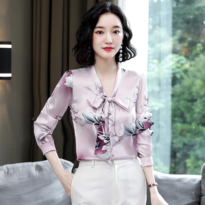 Korean Fashion Silk Women Blouses Bow Office Lady Blusas Largas Satin Flower Shirt Women Plus Size Womens Tops and Blouses