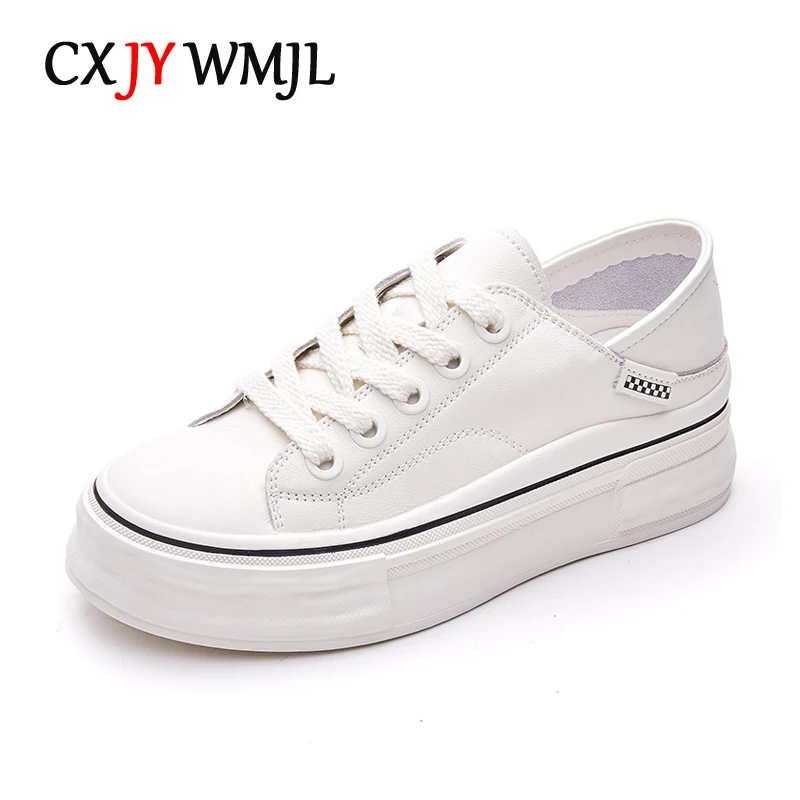 

CXJYWMJL Genuine Leather Women Platform Sneakers Spring Casual Vulcanized Shoes Ladies Thick Bottom Skate Shoes Female