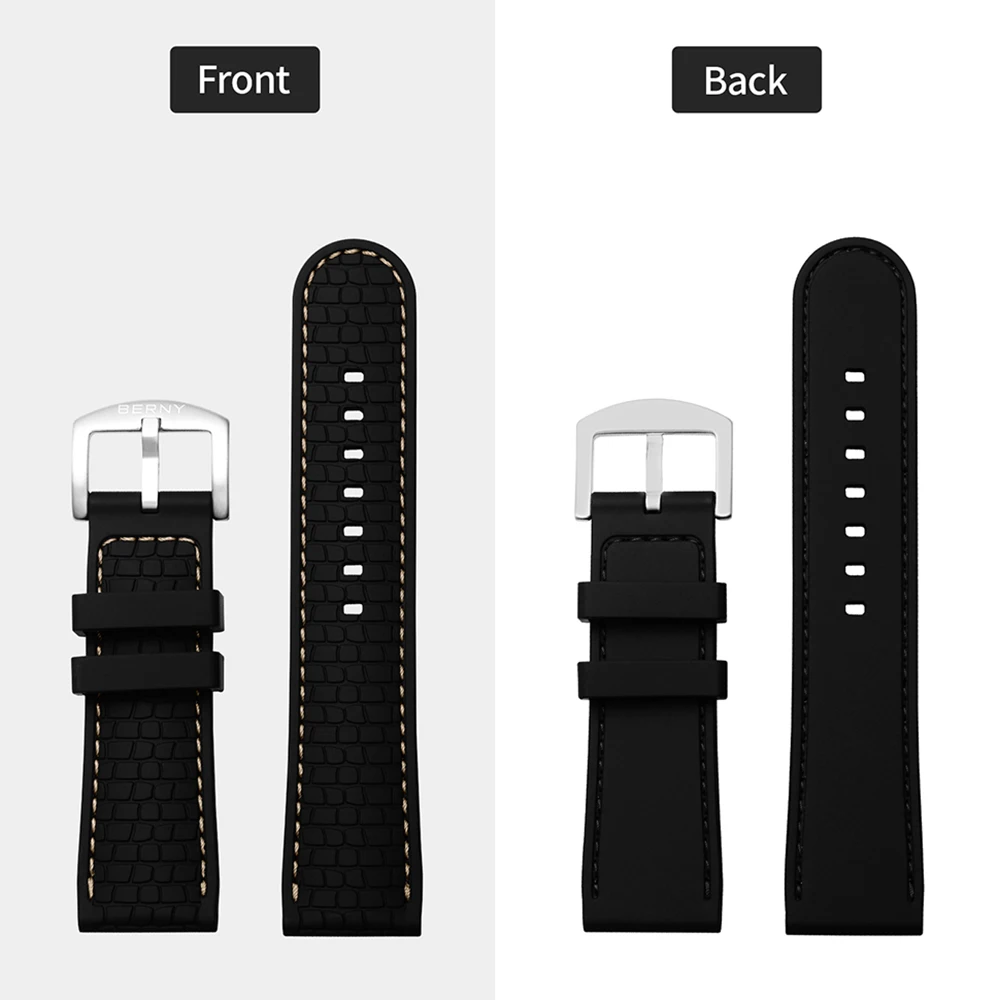 BERNY 22mm Silicon Watch Bands Soft Waterproof Replacement Stainless Steel Buckle 24mm Rubber Straps Watch for Men Accessories