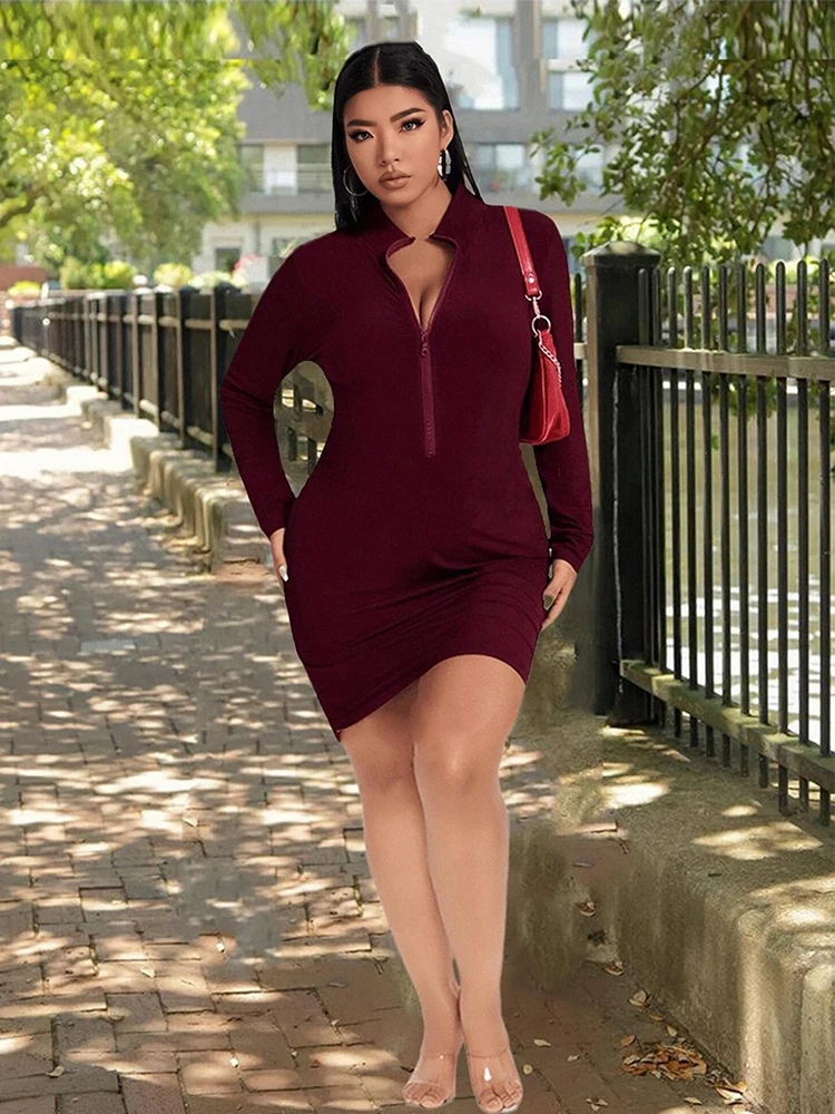 

Plus Size Dresses Solid Color Zip Sexy Short Dress Ribbed Long Sleeve Dress Large Size Slinky Wholesale Bulk Dropshipping