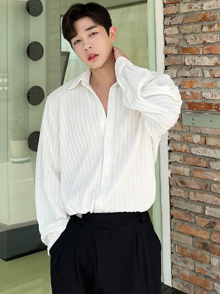 

SYUHGFA 2022 Spring Autumn New Lapel Long Sleeve White Black Thin Shirt For Men Loose Casual Tops Stripe Shirts Men Clothing