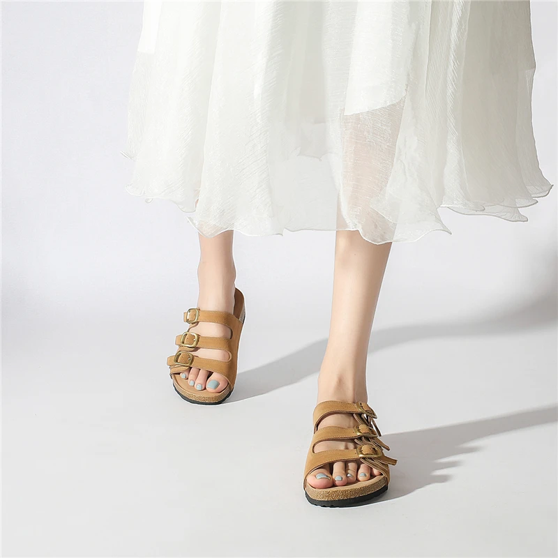 Real Leather Women Suede Slippers Summer Soft Cork Buckle Flip Flops Women Casual Woman Shoes Sandals