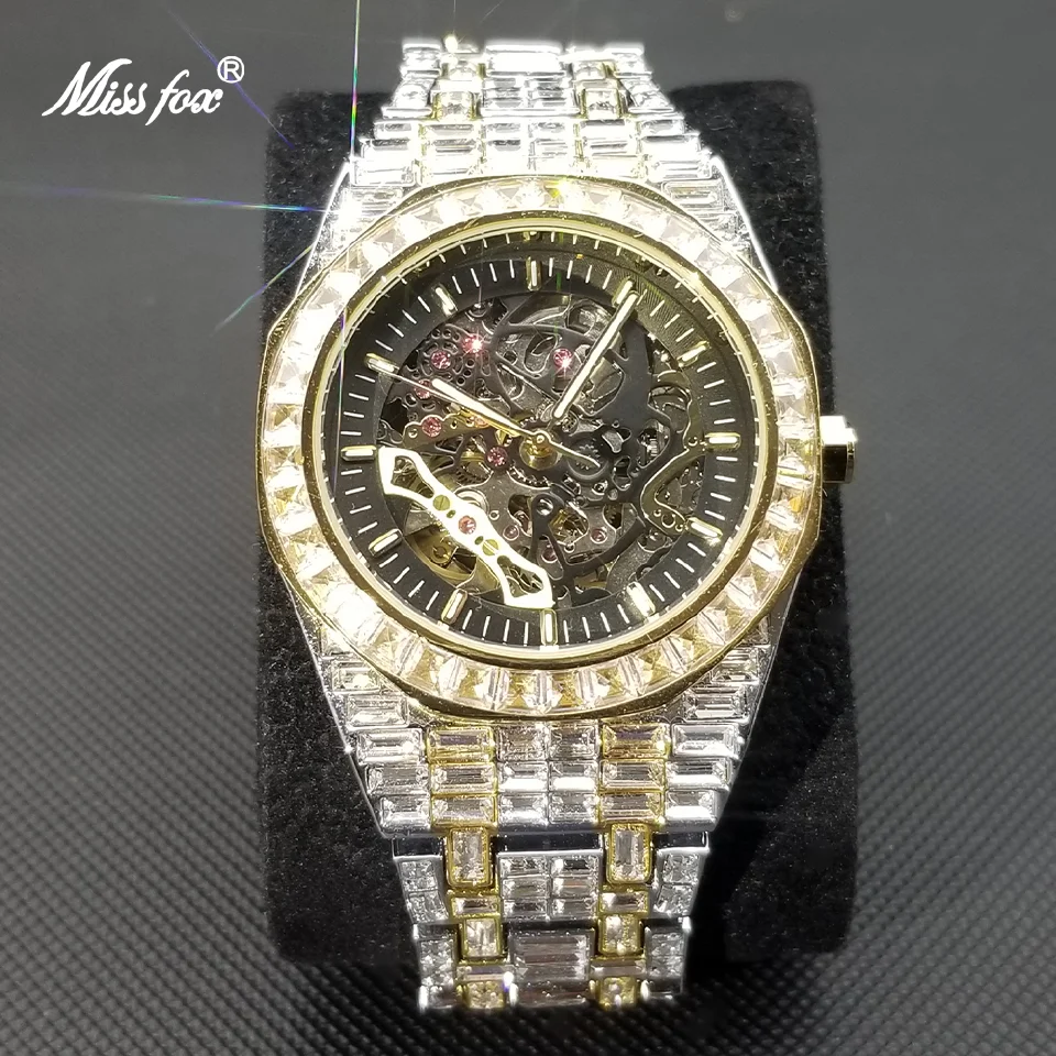 

MISSFOX Iced Out Tourbillon Mechanical Watches For Men Luxury Full Diamond Hip Hop Automatic Watch High Quality Waterproof Clock