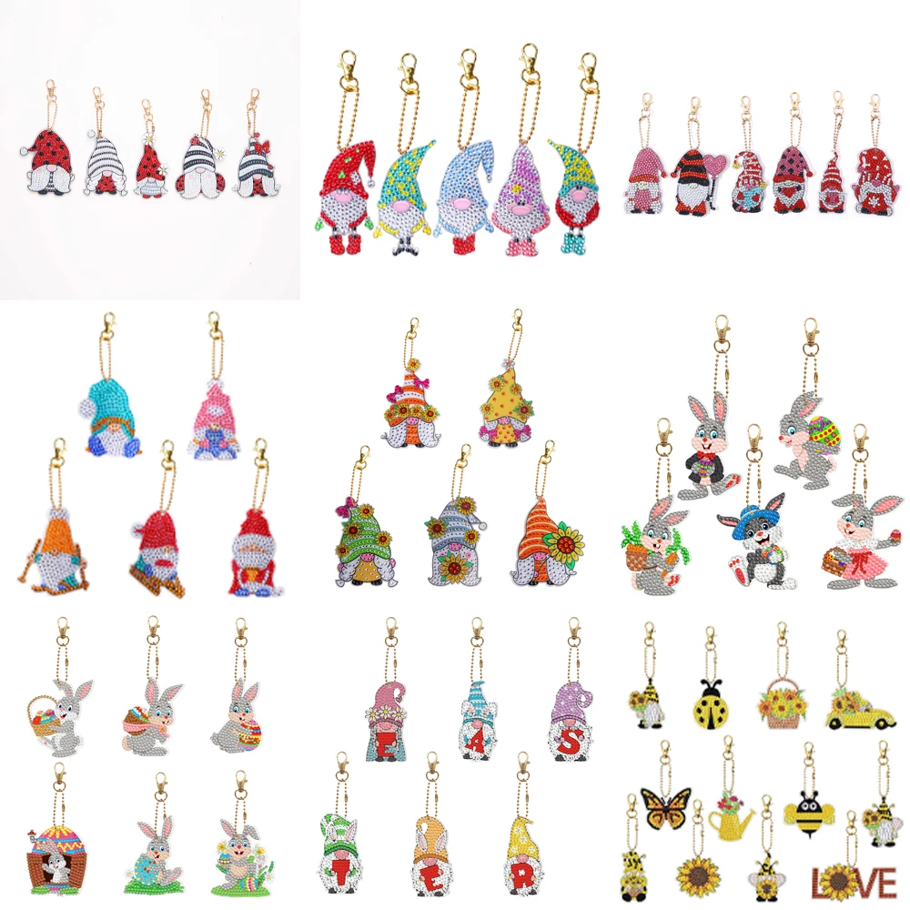 

5-12Pcs DIY Diamond Painting Keychain Easter Cartoon Bunny Gnome Rhinestone Embroidery Key Ring Women Bag Pendant Art Craft Gift