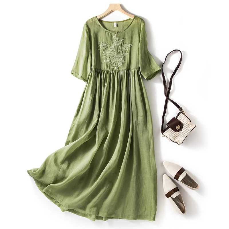 

Однотонное Элегантное Длинное Платье из 2023 хлопка/льна с вышивкой из рами, рукавом до локтя, весна-лето