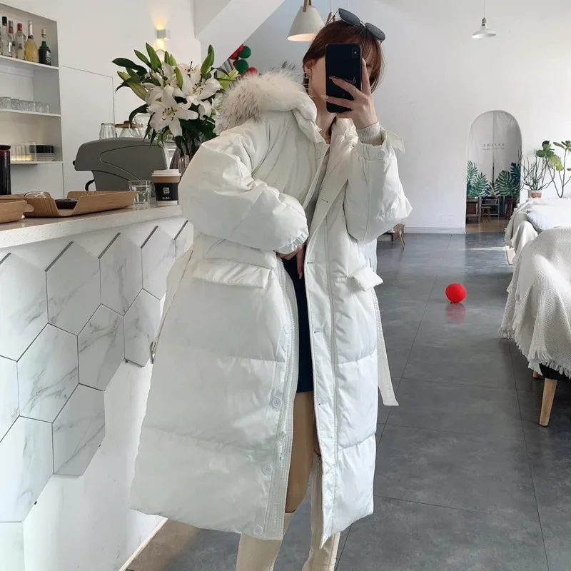 Winter Jacket Women Korean Fashion Down Cotton Coat Hepburn Style Long Over Knee Imitation Large Fur Collar Hooded Warm Parka