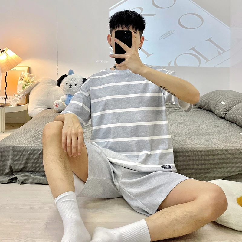 Men Cotton Striped Summer Sleepwear Set Classic Gray Casual Home Loungue Confortable Nightwear Pajamas