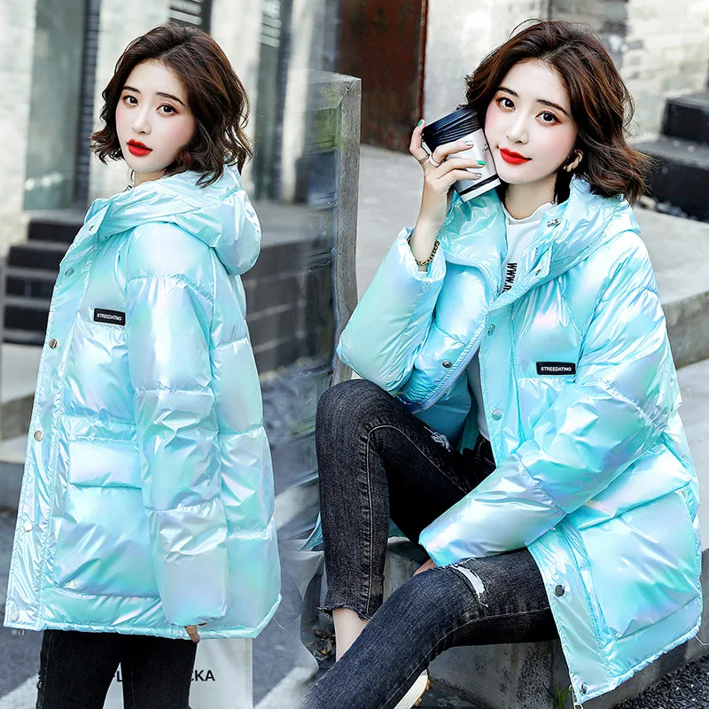 2021 Ladies Winter Long Jacket Oversized Women's Down Cotton Coat Shiny Face Solid Color Winter Bread Coat Stand-up Collar Coat