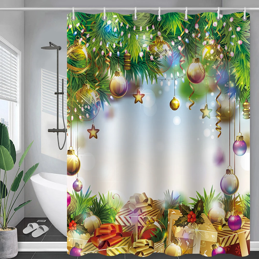 

Colorful Balls Green Pine Branches Shower Curtain Xmas Tree Branches Colorful Ribbons Baubles Bathroom Bath Curtains with Hooks