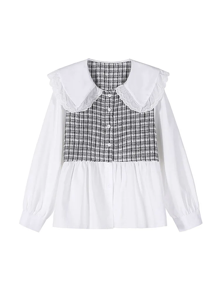 

Women Peter Pan Collar Shirt Vintage Fake Two Pieces Blouses Tops Plus Size Long Sleeve Loose Office Ladies Plaid Patchwork 2022
