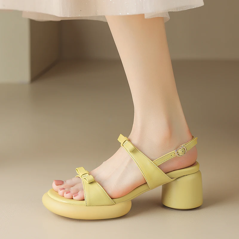 

2023 Summer New Elegant Open Toe Sandals Women Sweet Bowknot Platform 6cm Round High Heels Buckle Strap Party Shoes Plus Size 43