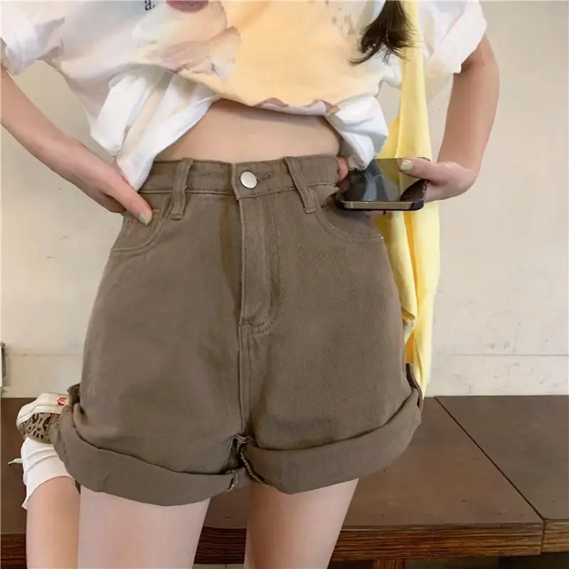 Curled Denim Shorts Women's New Loose Korean High-waisted Thin Ins Trousers Cargo Wide Leg Baggy Pants  High Waisted Jeans