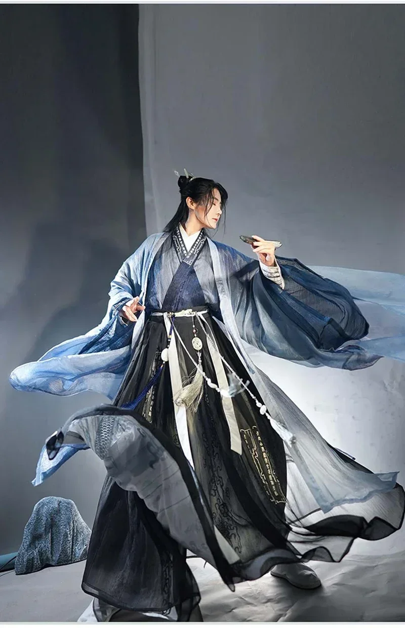 Градиентный синий Hanfu для мужчин и женщин старинный китайский ханьфу черный