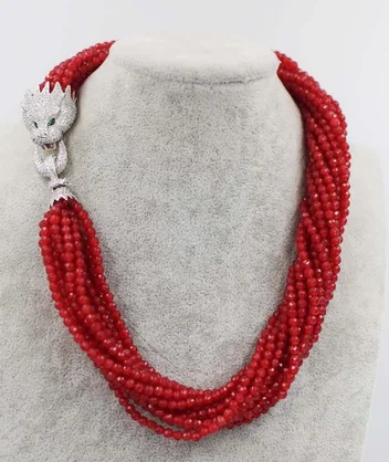 

10rows red jade round 4mm faceted necklace 19inch