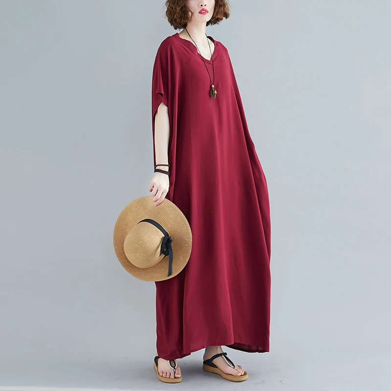 Cotton Linen Solid Straight Women Dresses Summer Vintage O-Neck Batwing Sleeved Loose Casual Female Pulls Tops