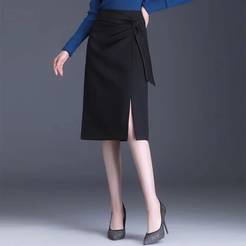 

Fashion High Waisted Spliced Black Bodycon Skirt 2022 Autumn Women Elegant Slim Fit Bussiness Casual Mid-long Pencil Skirts 6623