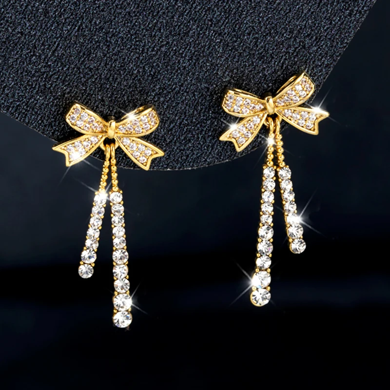 

Trendy Exquisite 14k Real Gold Bowknot Temperament Earrings for Women High Quality Jewelry Bling AAA Zirconia S925 Silver Needle