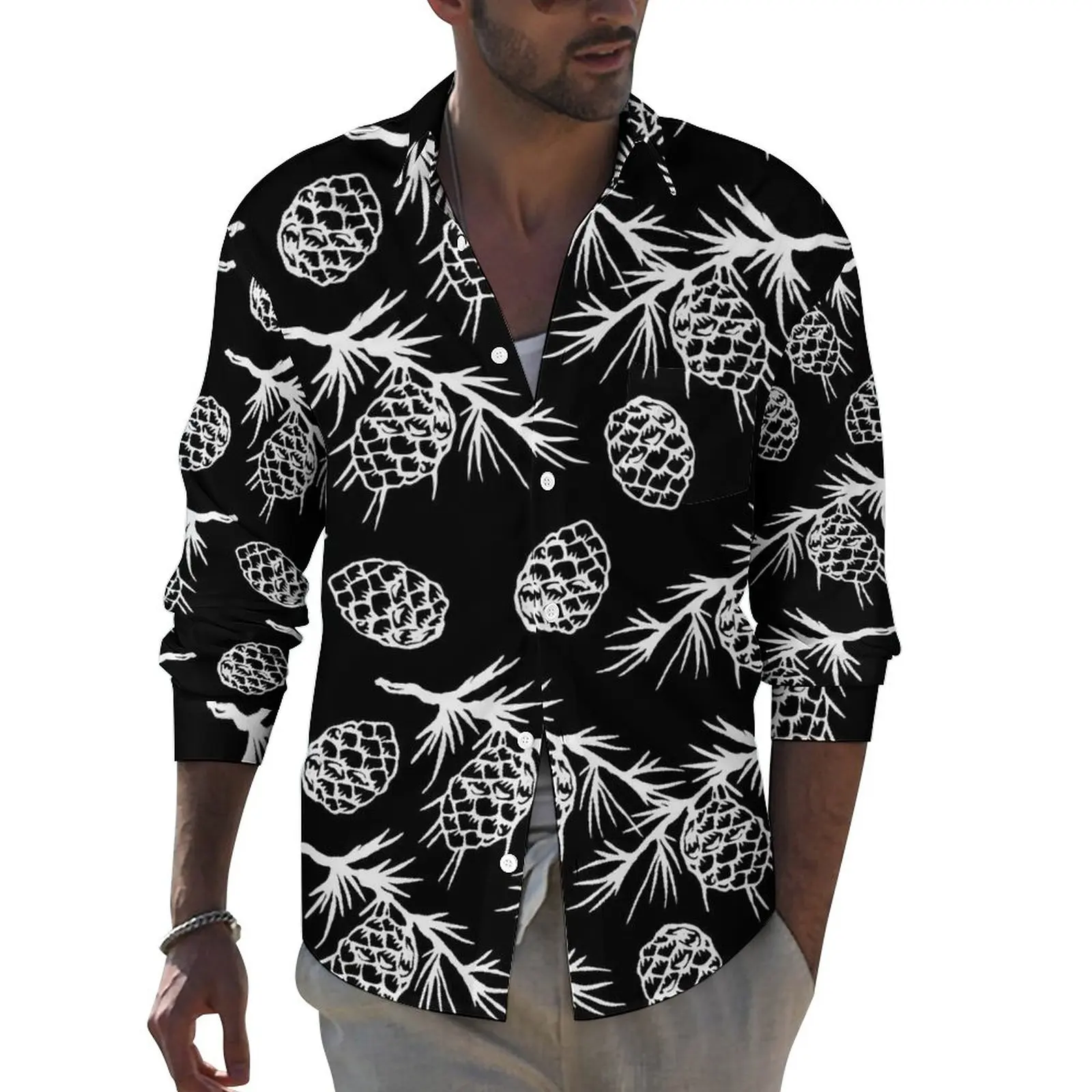 

White Pine Cones Shirt Festive Fall Print Casual Shirts Funny Custom Blouses Long Sleeve Loose Oversize Clothes Birthday Present