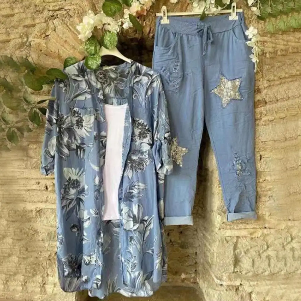 

2 Pcs/Set Autumn Top Trousers Set Wide Leg Ninth Pants Cardigan Lady Shirt Trousers Set Female Clothing