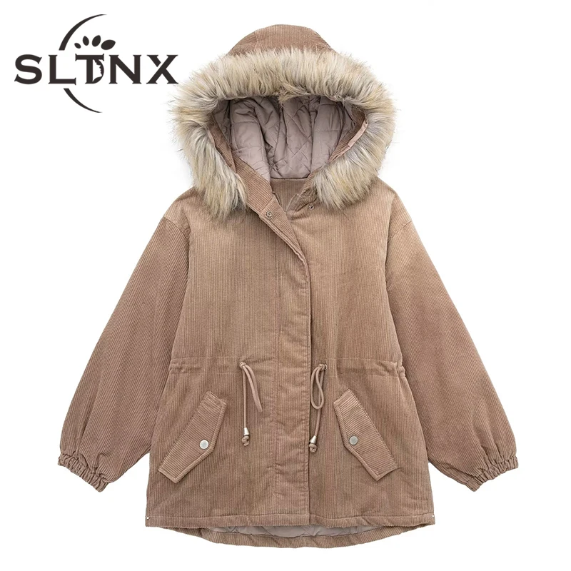 

SLTNX Women Fashion Faux Fur Padded Jacket Coat Hooded Thick Warm Corduroy Coat Solid Khaki Female Long Sleeve Outwear Chic Tops