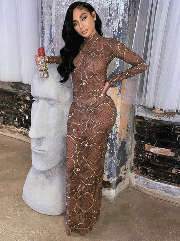 

Ladies Bling Glitter Diamonds Club Wear Y2K Clothes Long Sleeve Bodycon Wedding Maxi Dresses For Women Party Elegant Fall Outfit