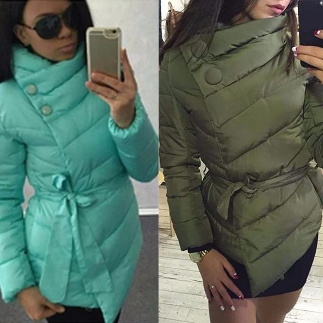 2023 Parkas Winter Single Breasted Women Casual Fashion Down Jacket Short Coat High Neck Sashes Button Coats Warm Sashes Jackets