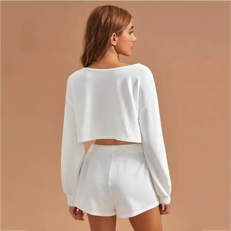 Two Piece Set Summer Pajamas for Women Solid Round Neck Long Sleeve Short Top Sweater Drawstring Shorts Sleepwear Set Woman Pjs