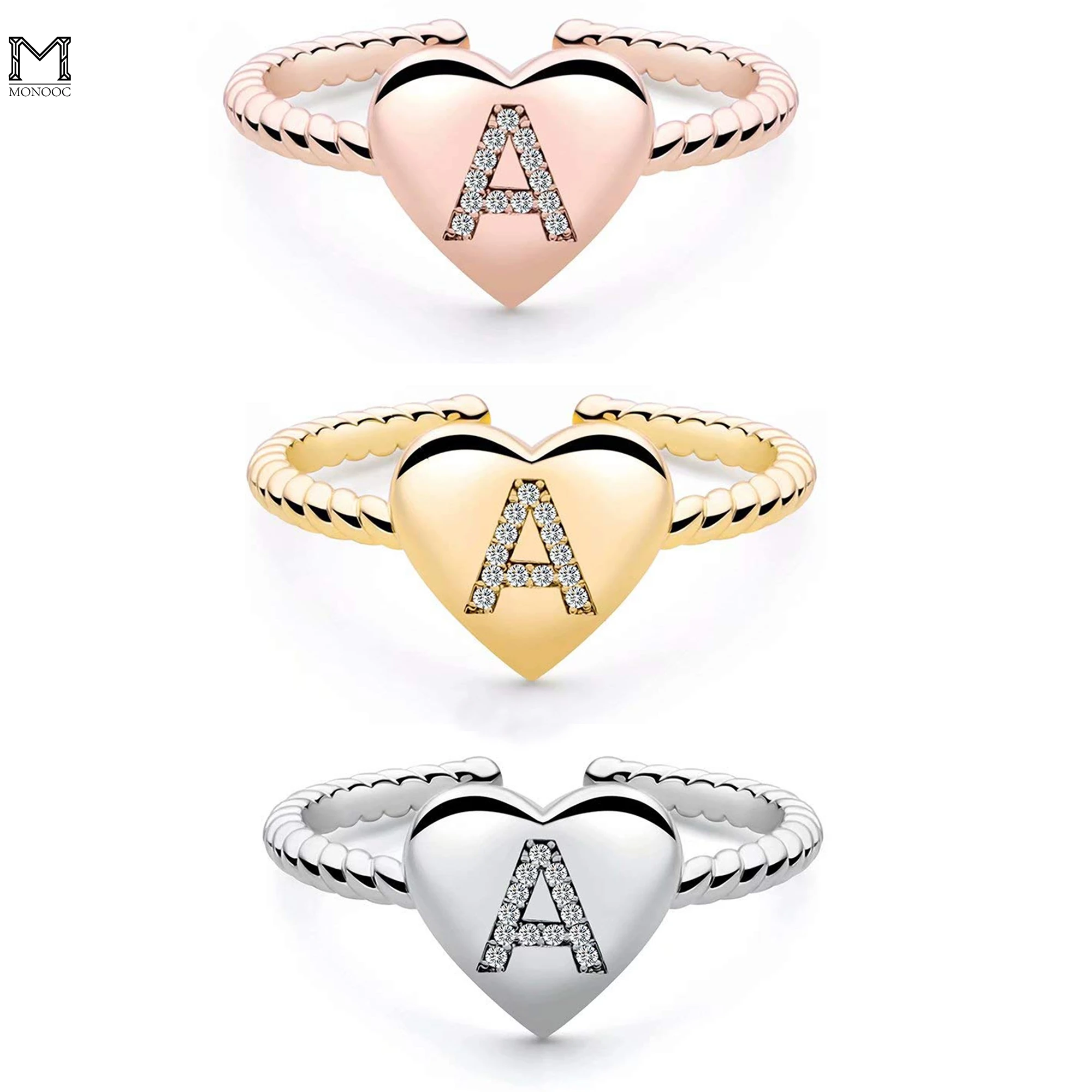 

MONOOC Stackable Initial Rings for Women Girls White/Rose Gold Plated Dainty Heart Capital Letter Initial Rings for Women Teens