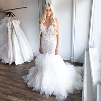 elegant mermaid deep v neck wedding dress luxury sleeveless spaghetti straps lace appliques bridal gown backless train