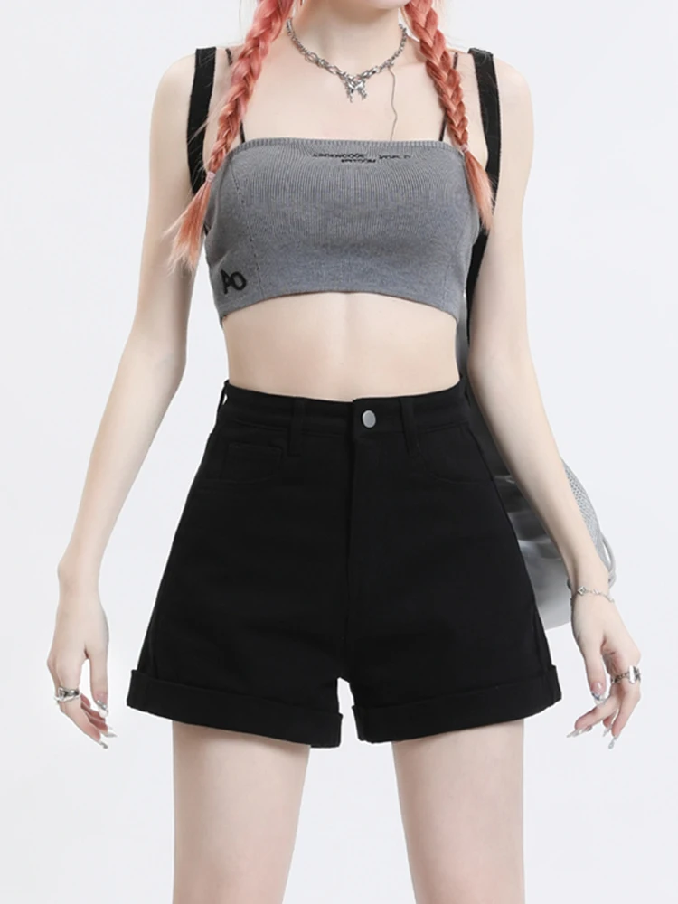 New Spring Summer Women High Waist Button Loose Fit Denim Shorts Casual Female Button Classic Black Jeans Shorts