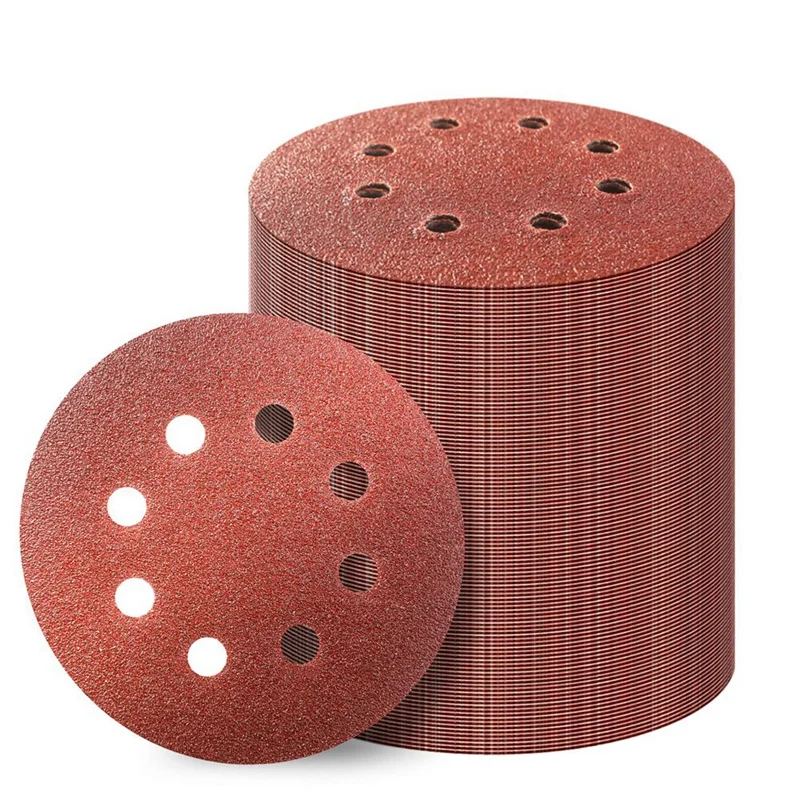 

AFBC 100Pcs 8 Holes 5 Inch Sanding Discs Hook And Loop 60/80/100/120/240 Grit Sandpaper Assortment For Random Orbital Sander