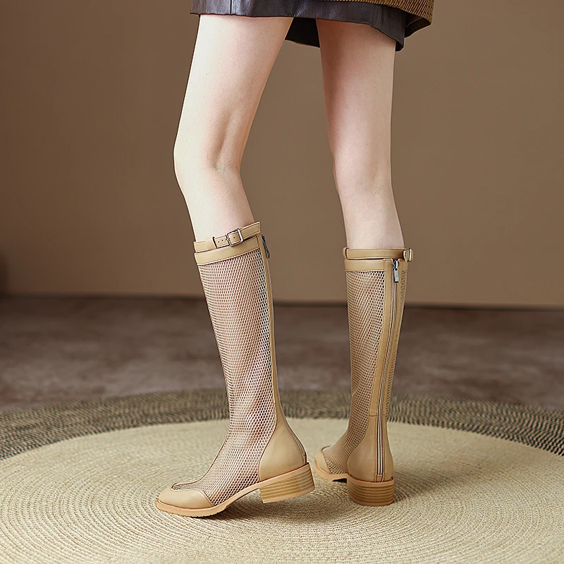

Ladies Knee Boots Mesh Low Heels Ladies Cool Boots Spring/Summer Breathable Hollow Boots Tall Rider Boots Zapatos Mujer Sapato