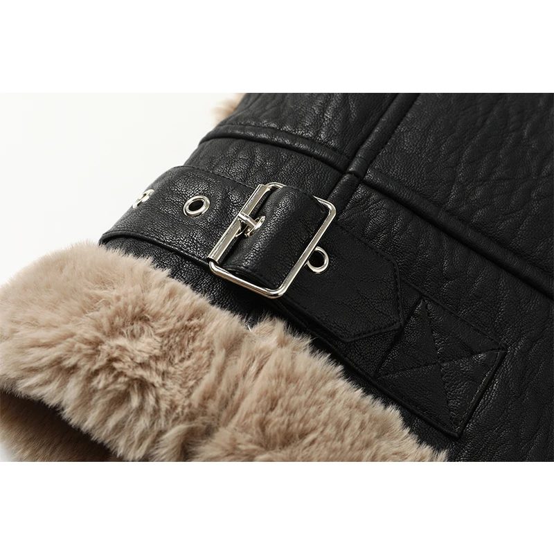 Fashion 2021 Faux Fur Coat Women Fur Collar Leather Jacket Warm Plush Thick Outerwear Winter Ladies Wool Coats Zipper Jackets