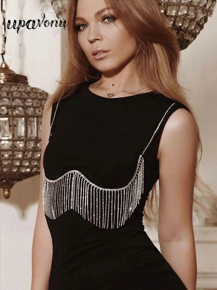 

Free Shipping Elegant Fringe Diamond Bandage Dresses 2022 Summer Women's O Neck Sleeveless Bodycon Evening Party Mini Vestidos