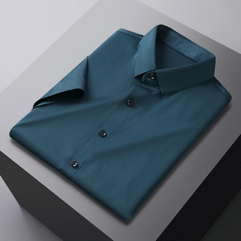 

High End Men's Shirt Lapel Fashion Korean Short Sleeve Top Grade New Slim Fit Printing Soft Striped Classic Business Cool Summer