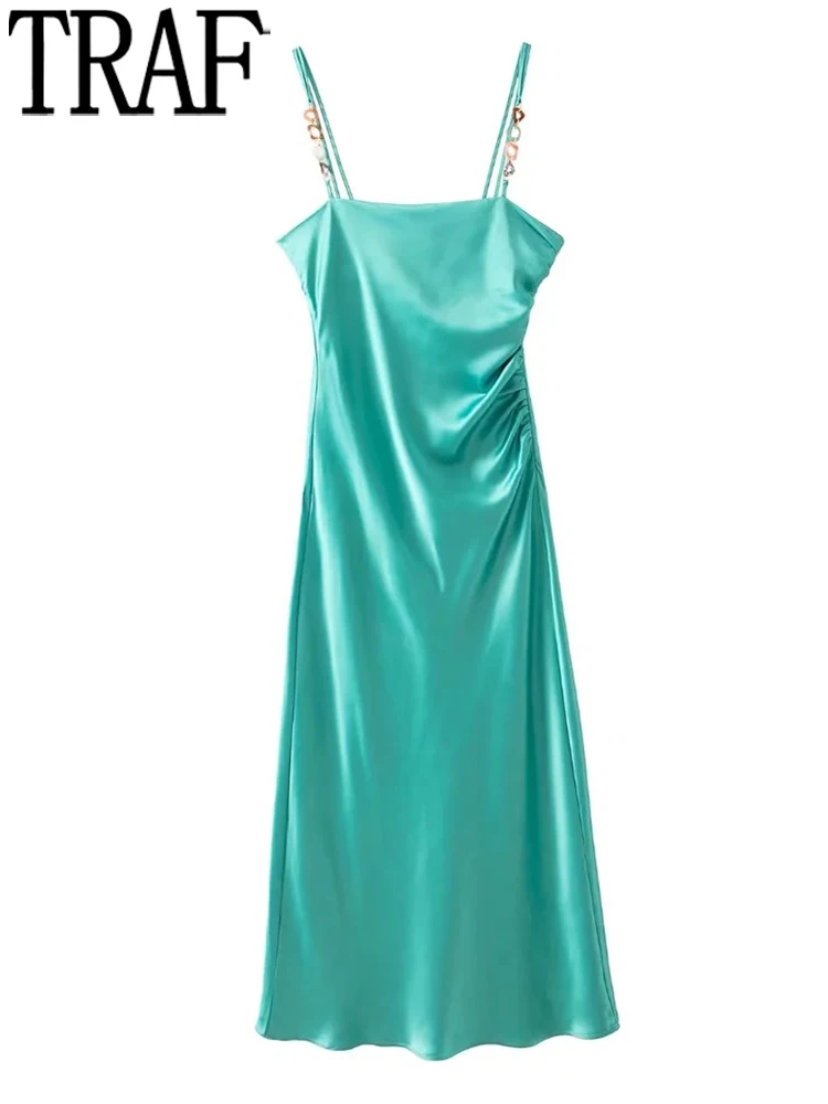 

TRAF 2022 Green Satin Long Dress Women Chain Slip Party Dresses Ruched Slit Backless Sexy Dress Woman Elegant Summer Dresses