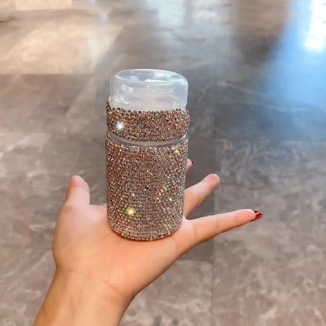 

Two 100ml Makeup And Nail Polish Remover Containers Handmade Rhinestone Plastic Creative Pressure Storage Bottles