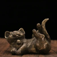 3 chinese folk collection old bronze brass zodiac cat pet cat four different causes gather fortune office ornament town house