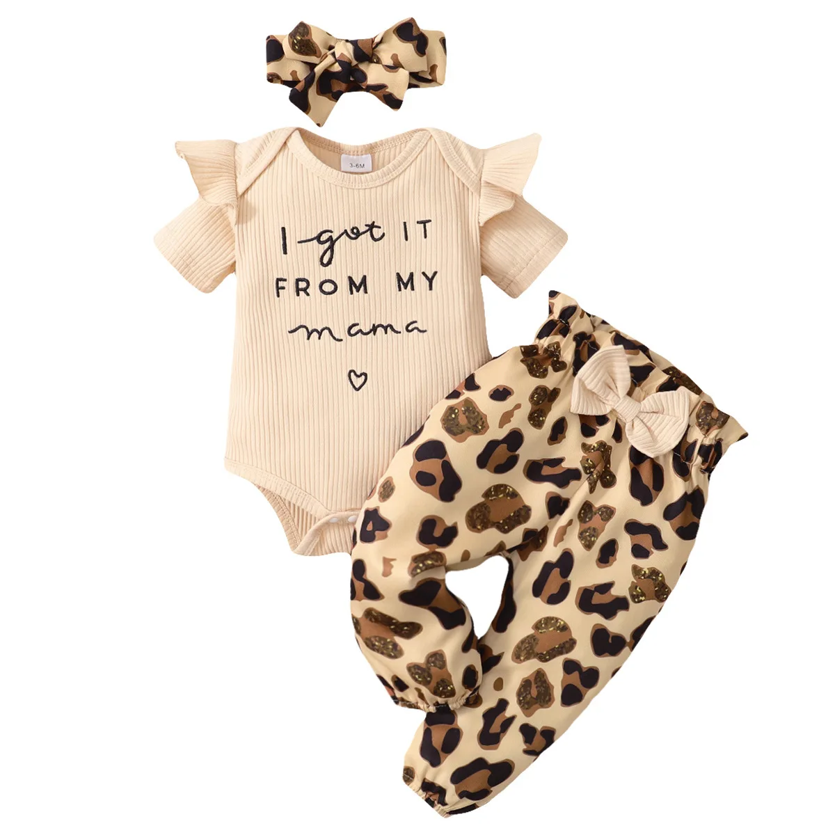 

Summer Clothes Fashion Letter Printed Beige Rompers Tops + Leopard Pants + Headbands 3PCS Baby Girl Outfit Set Kids Tracksuits