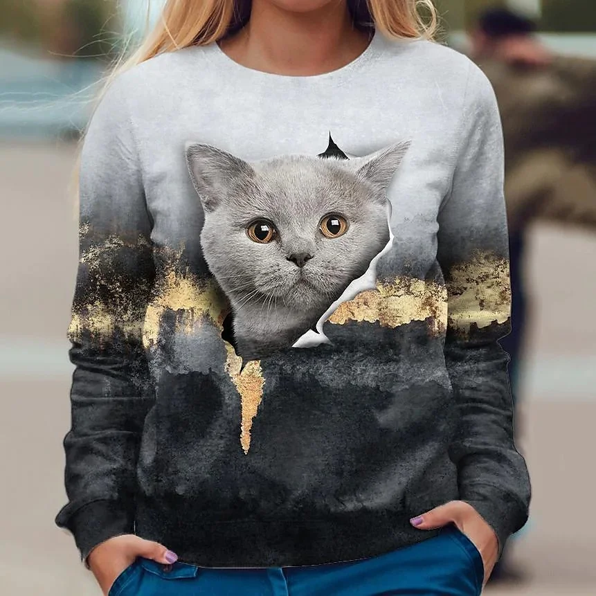 

[New In] Women's 3D Cat T shirt Cat Graphic 3D Print long sleeves Round Neck Basic Tops