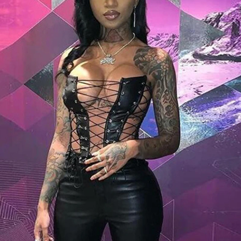 

Women Sexy Crop Top Ladies Strapless Hollow Out Bandage Pu Leather Corset Tops Corselet Lingerie Female Party Bodycon Clubwear
