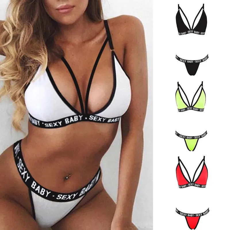 

Womens Girl Letter Sexy Sports Underwear Set Push Up Bra+Thongs Panties Bandage Corset Lingerie Summer