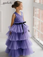 purple v neck flower girl dresses 2022 tulle bow tiered pleated ball gown for kids birthday party dress vestidos de novia