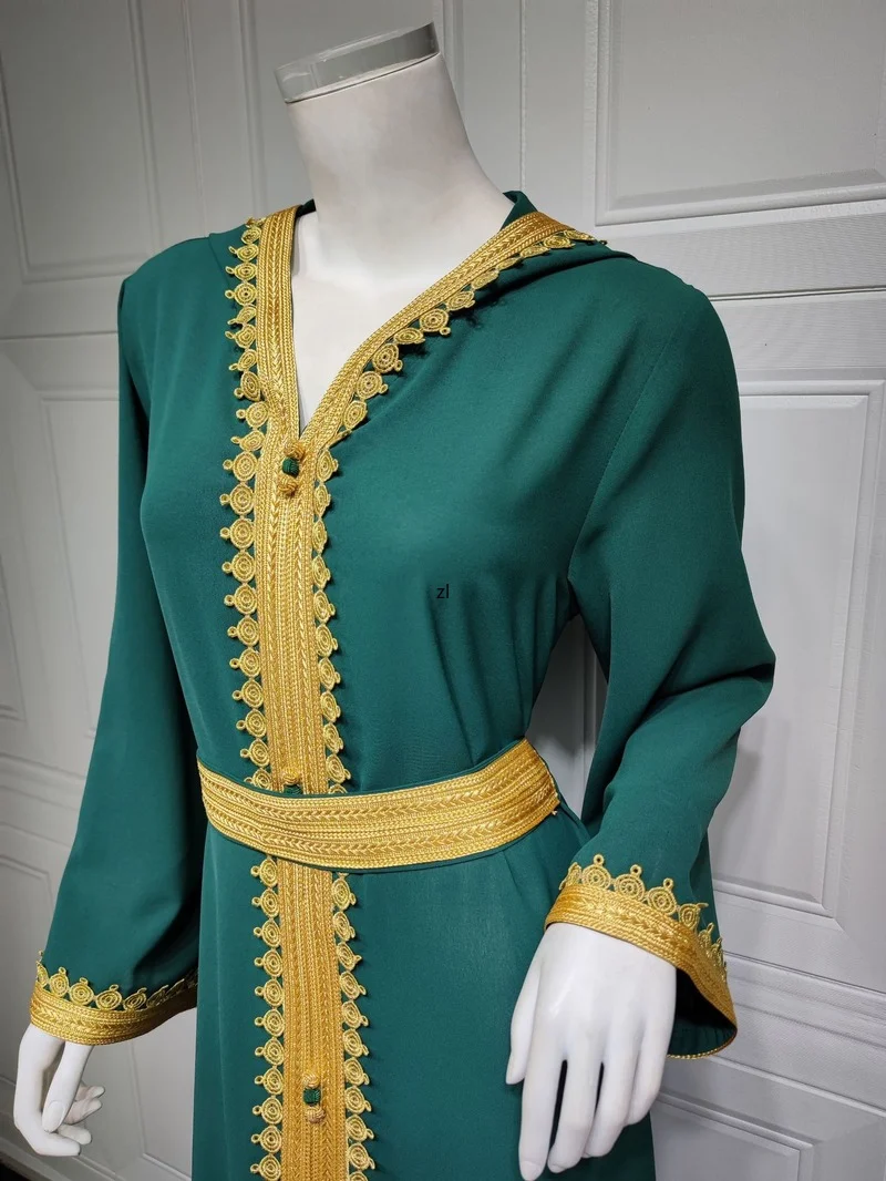 Women's Jalabiya Ramadan Green Hooded Ethnic Muslim Fashion Dress Kaftan Abaya Dubai Turkey Moroccan Arabic Clothes