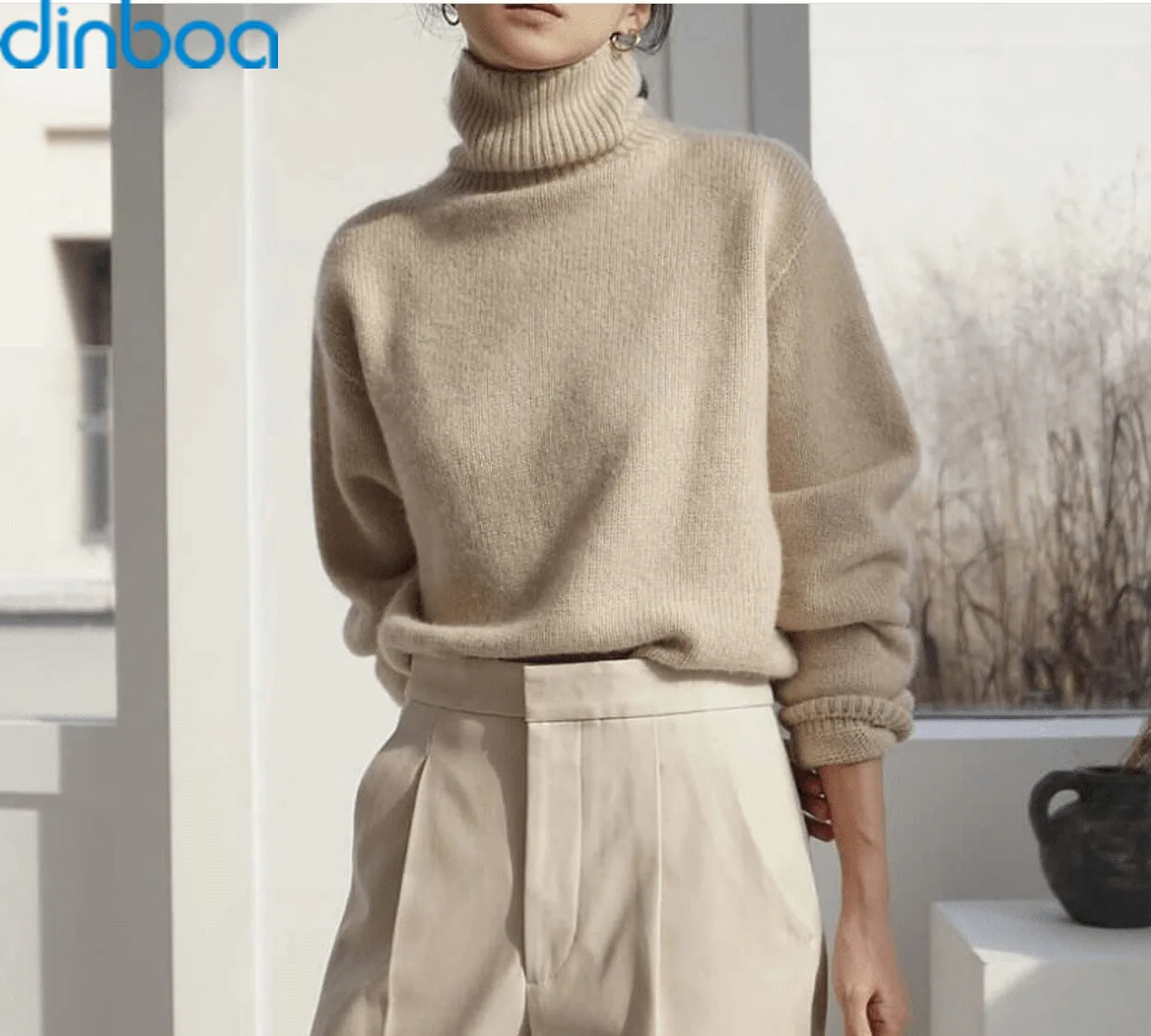 

dinboa Cashmere Elegant Turtle Neck Women Sweater Soft Knitted Basic Pullovers O Neck Loose Warm Female Knitwear Jumper