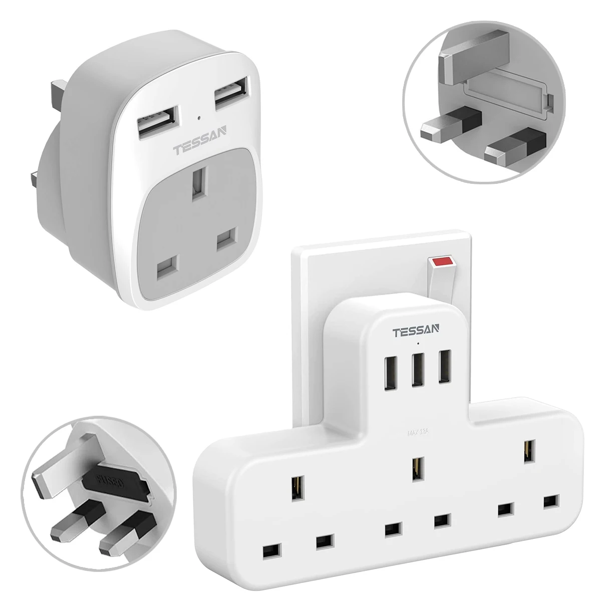 

TESSAN Plug Extension Sockets with 3 USB Ports and 3 UK Outlets, 6 in 1 Wall Plug Socket with Surge Protecion for Phone, Tablet